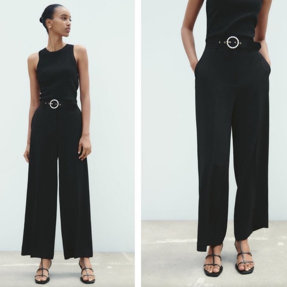 New ZARA Black Belted Wide Leg Drapey Trouser Pants - Picture 13 of 13
